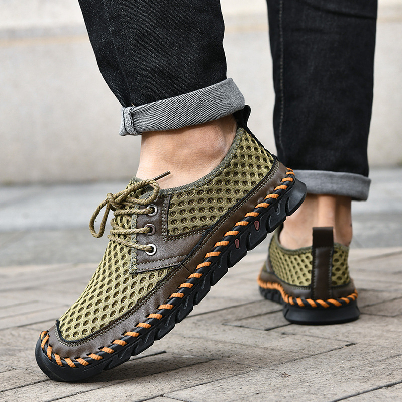 Légáteresztő bőrs casual cipő, felsőrész: valódi bőr + háló; négyzetes orrú; alacsony sarok 1–3 cm; fűzővel záródó