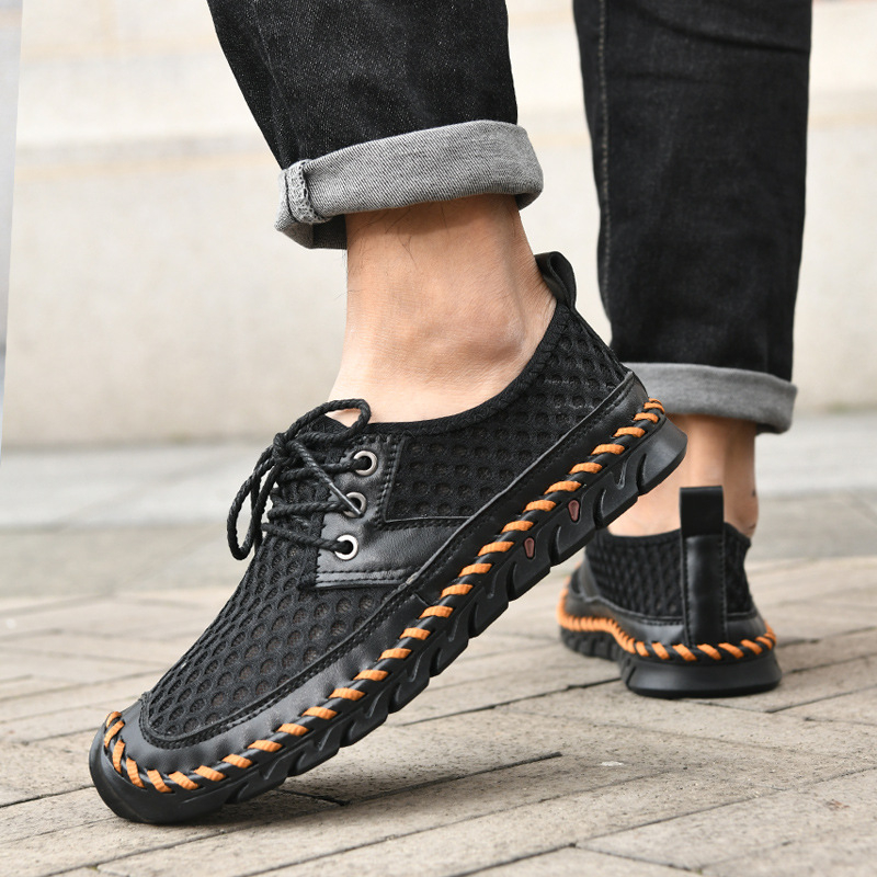 Légáteresztő bőrs casual cipő, felsőrész: valódi bőr + háló; négyzetes orrú; alacsony sarok 1–3 cm; fűzővel záródó