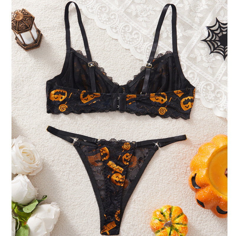 Set sutien cupe 3/4, bretele detașabile dublu, închidere spate cu două cârlige, imprimeu dovleac, modelare corp