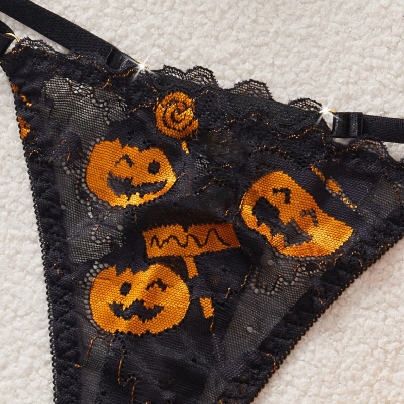 Set sutien cupe 3/4, bretele detașabile dublu, închidere spate cu două cârlige, imprimeu dovleac, modelare corp