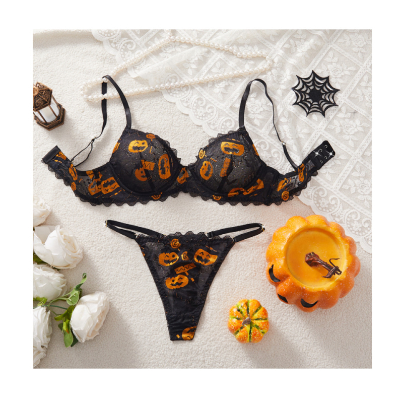 Set sutien cupe 3/4, bretele detașabile dublu, închidere spate cu două cârlige, imprimeu dovleac, modelare corp