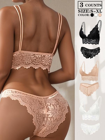 3-τεμάχιο ασύρματο μπραλέτ σετ με δαντέλα, αναπνεύσιμο, κύριο ύφασμα: βαμβάκι, επένδυση: βαμβάκι, μαλακό μεταλλικό δαχτυλίδι