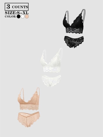 3-τεμάχιο ασύρματο μπραλέτ σετ με δαντέλα, αναπνεύσιμο, κύριο ύφασμα: βαμβάκι, επένδυση: βαμβάκι, μαλακό μεταλλικό δαχτυλίδι