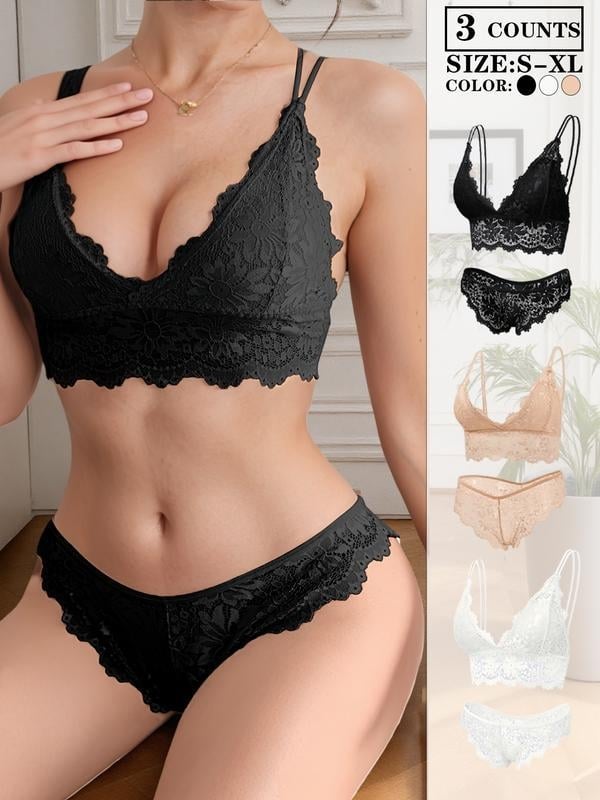 3-частен безжичен комплект бралет с дантела, дишащ, основна материя: памук; подплата: памук; мек стоманен пръстен