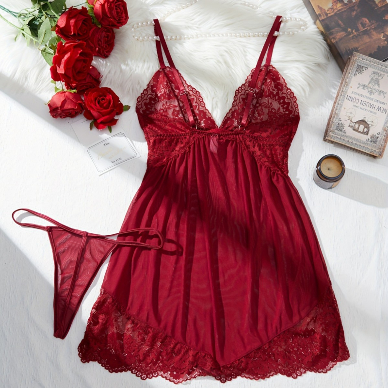 Дамски двучастов пижамен комплект, прозрачен мрежест дизайн - полиестер 95-100%