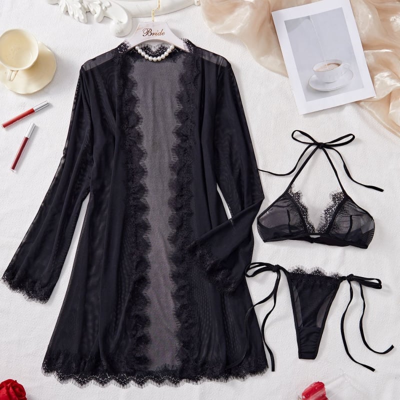 Moterų permatomas ilgomis rankovėmis apatinių komplektas, poliesteris 95–100%, plonas audinys 101–120 g/m², 2025 m. vasara, HQ053