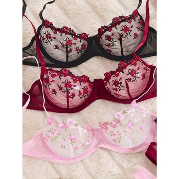 Σετ σουτιέν με δαντέλα, κύριο ύφασμα νάιλον, βαμβακερή επένδυση, Push-up, κύπελλα τύπου Rabbit Ear