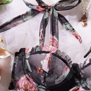 Σετ σουτιέν με τρία σημεία, φλοράλ εκτύπωση, διάτρητο ύφασμα πλέγμα, 95% πολυεστέρας, 5% ελαστάν, για γυναίκες