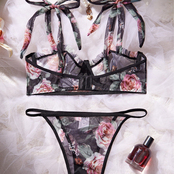 Σετ σουτιέν με τρία σημεία, φλοράλ εκτύπωση, διάτρητο ύφασμα πλέγμα, 95% πολυεστέρας, 5% ελαστάν, για γυναίκες