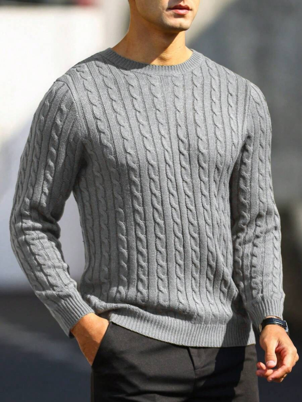 Pulover tricotat cu guler rotund, mâneci lungi, croială Slim Fit, detaliu Twist Flower, material din amestec de fibre sintetice cu viscose