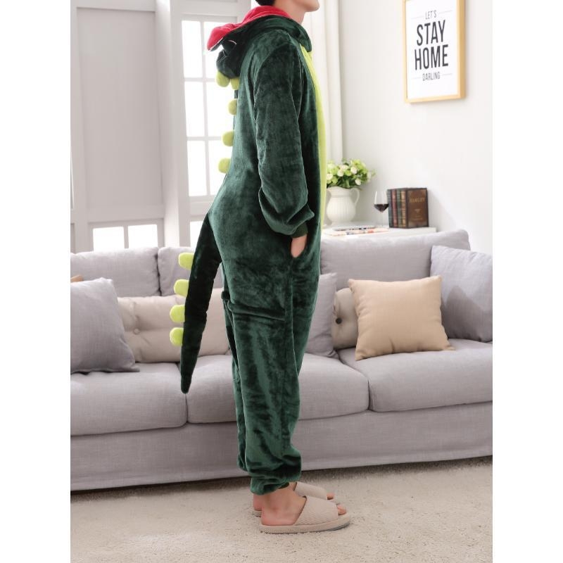 Set de pijamale pentru bărbați cu glugă, imprimeu cu dinozauri, fleece gros, nylon, stil pulover