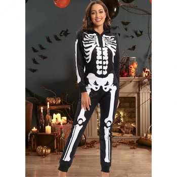 Σετ cosplay jumpsuit για το Halloween με εκτύπωση κρανίου και φλοράλ λεπτομέρειες, 100% πολυεστερικό φλίς, χωρίς γιακά, για όλες τις εποχές, ευρωπαϊκο-αμερικανικό στυλ