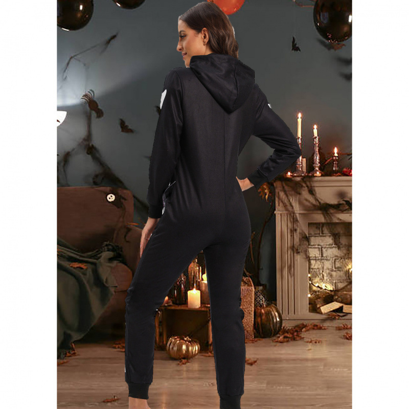 Set jumpsuit cosplay de Halloween pentru femei, imprimare craniu cu flori, 100% poliester fleece, fără guler, all-season, stil european-american