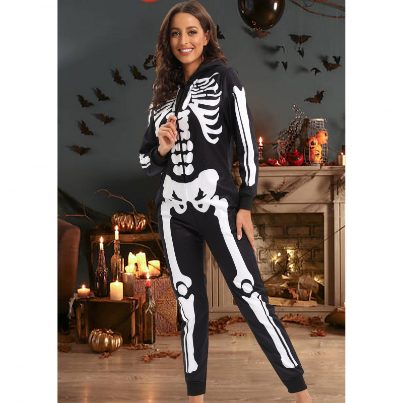 Set jumpsuit cosplay de Halloween pentru femei, imprimare craniu cu flori, 100% poliester fleece, fără guler, all-season, stil european-american
