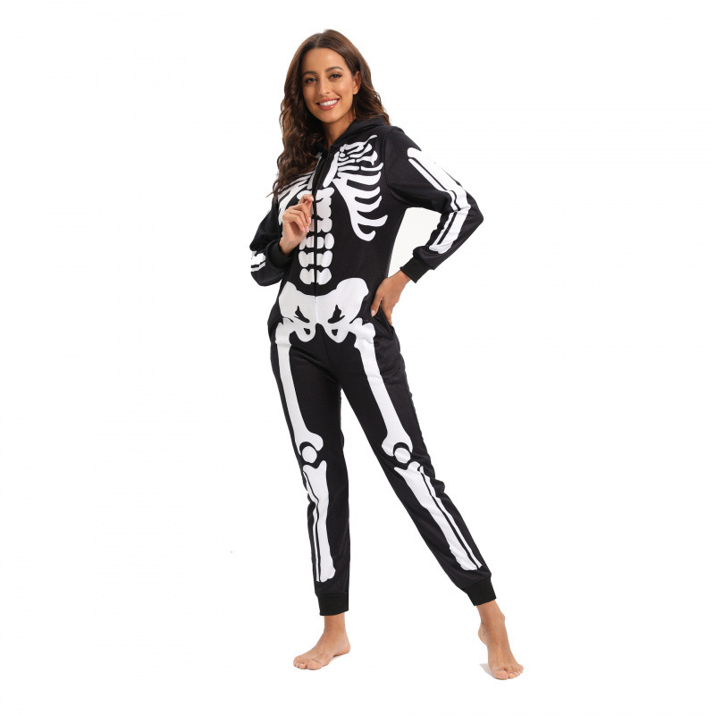 Set jumpsuit cosplay de Halloween pentru femei, imprimare craniu cu flori, 100% poliester fleece, fără guler, all-season, stil european-american