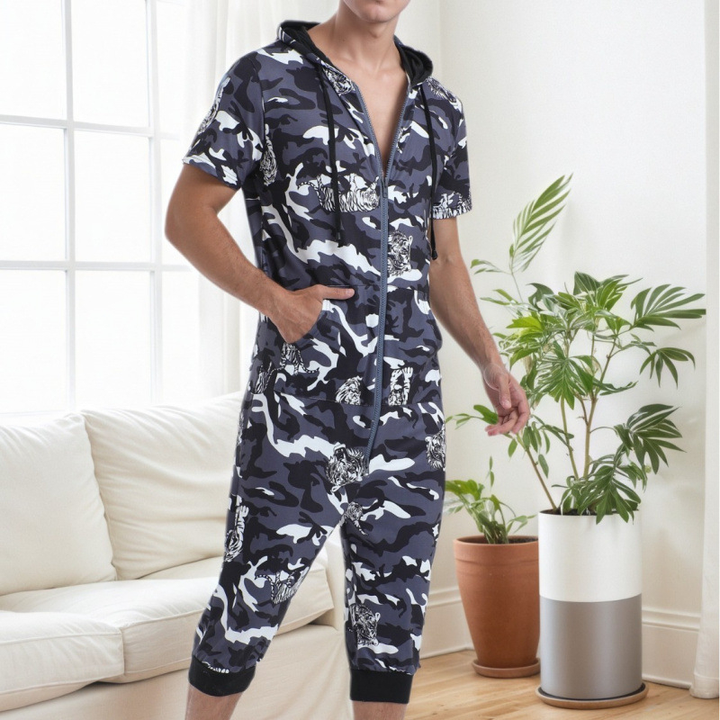 Kapućasti jumpsuit s tigrovom kamuflažom – digitalni tisak, ultra debeli poliester, 3/4 rukavi, kratke hlače, za vanjsku upotrebu, europsko-američki stil
