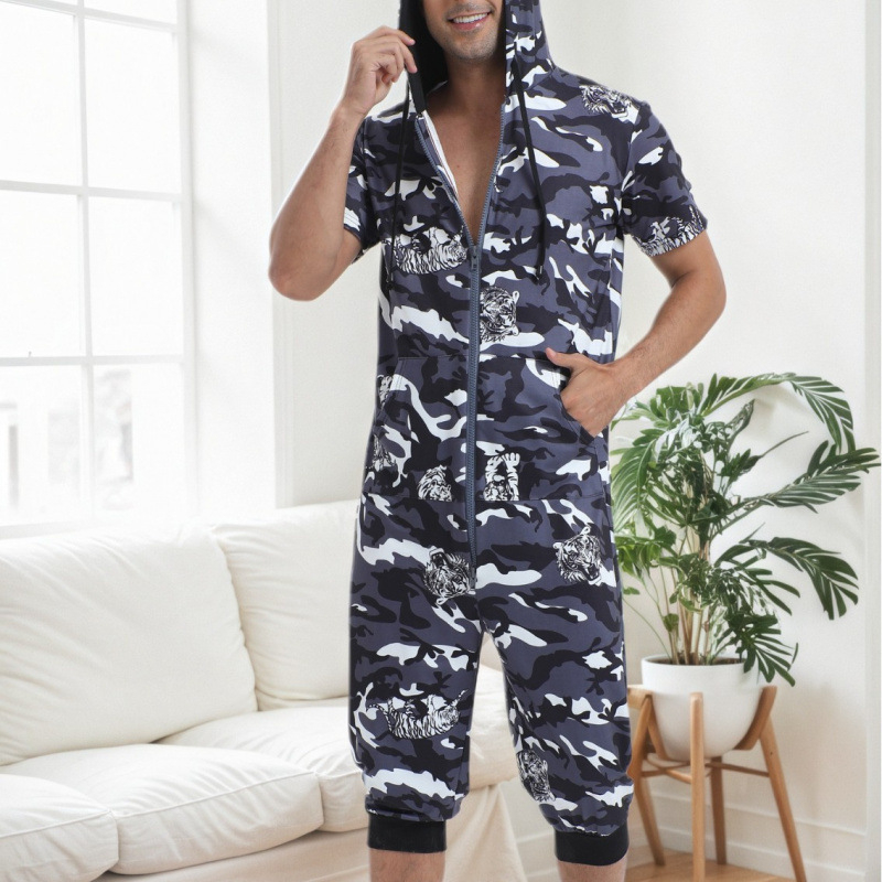 Kapućasti jumpsuit s tigrovom kamuflažom – digitalni tisak, ultra debeli poliester, 3/4 rukavi, kratke hlače, za vanjsku upotrebu, europsko-američki stil