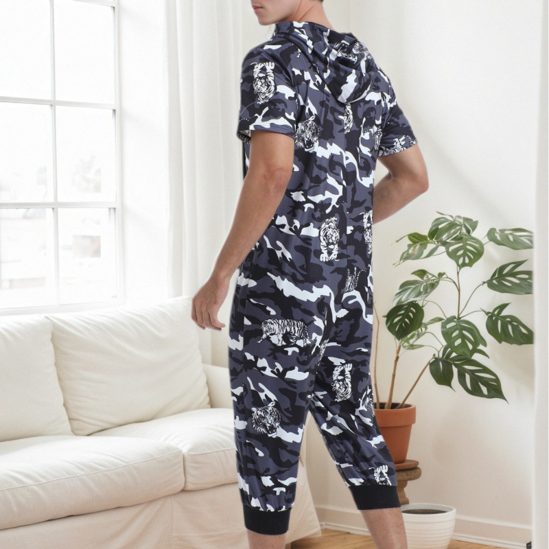 Kapućasti jumpsuit s tigrovom kamuflažom – digitalni tisak, ultra debeli poliester, 3/4 rukavi, kratke hlače, za vanjsku upotrebu, europsko-američki stil