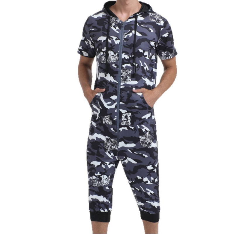 Kapućasti jumpsuit s tigrovom kamuflažom – digitalni tisak, ultra debeli poliester, 3/4 rukavi, kratke hlače, za vanjsku upotrebu, europsko-američki stil