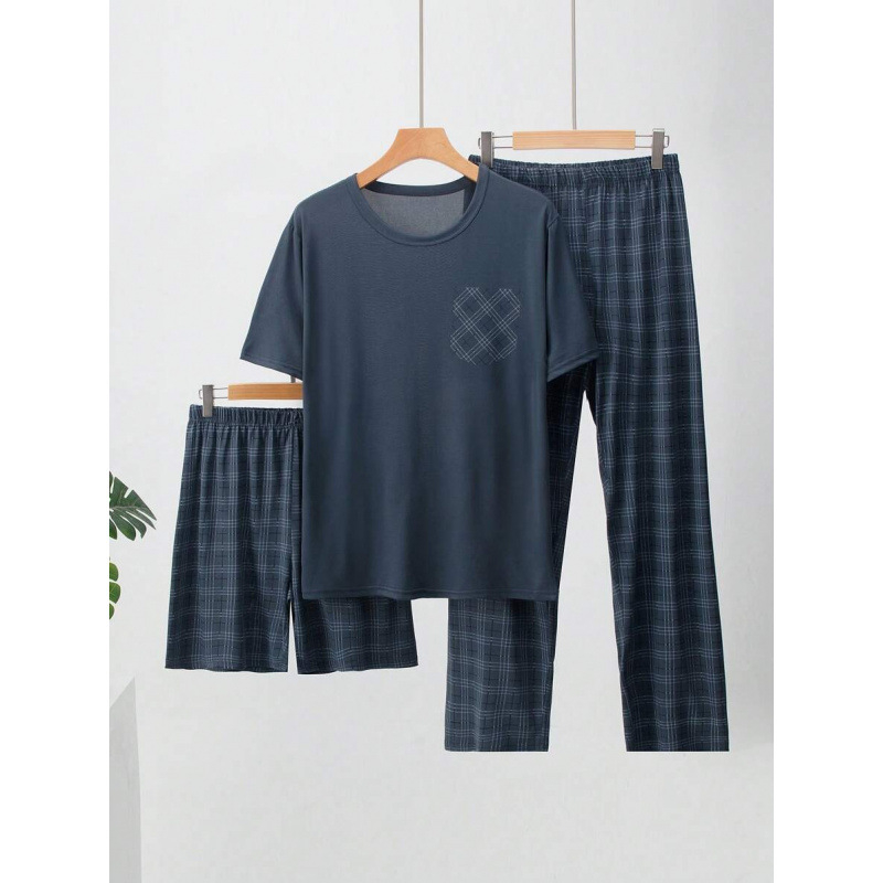 Set de pijamale pentru bărbați – nylon ușor, sezon de toamnă, tricou cu mânecă scurtă și pantaloni scurți, senzație premium