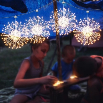 LED декоративни светлинни нишки с USB захранване, четири единици в USB серия дизайн с мотиви Explosion Star и Dandelion за външна градина; IP44, димируеми, живот 100000 ч, вход 4.5 V, модел LH-USB-BZX-S120