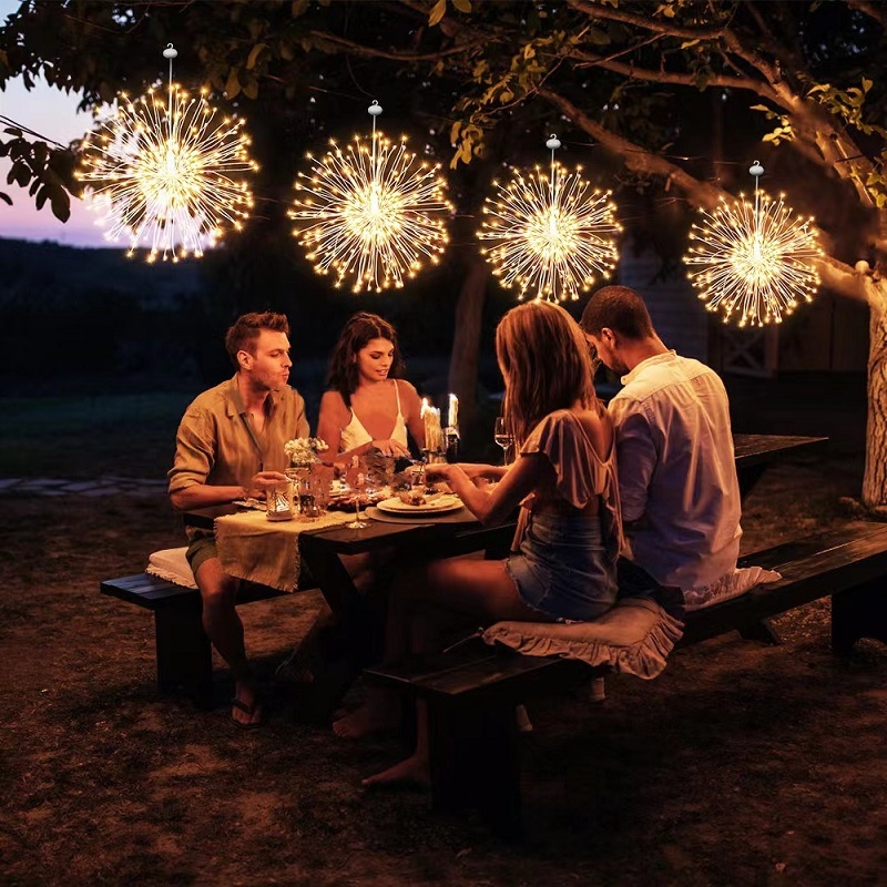 LED dekoratyvinės šviesos su USB maitinimu, keturi vienetai USB serijoje su Explosion Star ir Dandelion motyvais lauko kiemo dekoravimui; IP44, reguliuojamas apšvietimas, tarnavimo laikas 100000 valandų, įėjimas 4,5 V, modelis LH-USB-BZX-S120