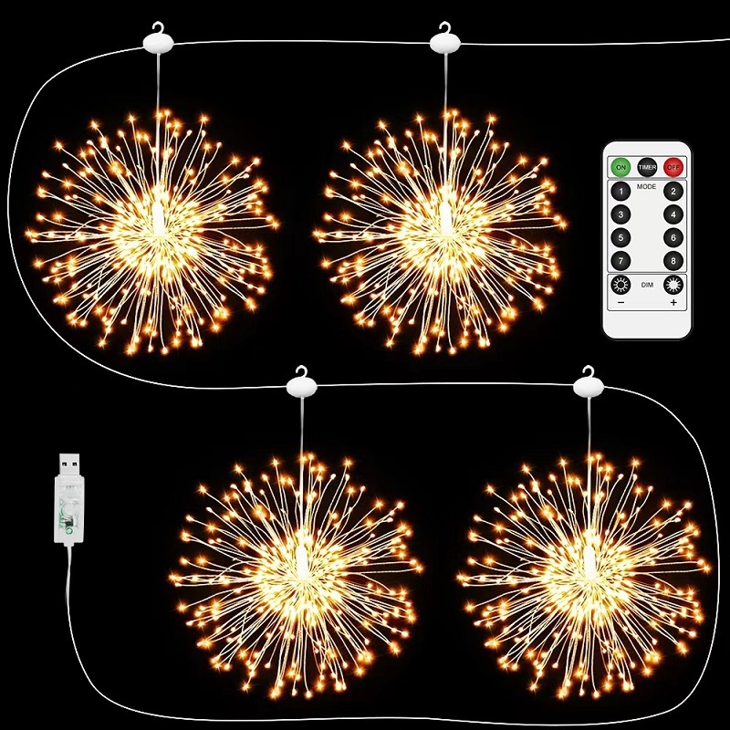 Lumină decorativă LED cu alimentare USB, design în patru unități în seria USB, cu motive Explosion Star și Dandelion pentru grădină exterioară; IP44, reglabil (dimmable), durată de viață 100000 h, intrare 4,5 V, model LH-USB-BZX-S120