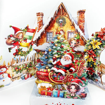 3D Pop-Up Ευχετήρια Κάρτα: Χριστουγεννιάτικο Σπίτι-Θησαυρός, Vintage Style (Coated Paper; Printing; Christmas)