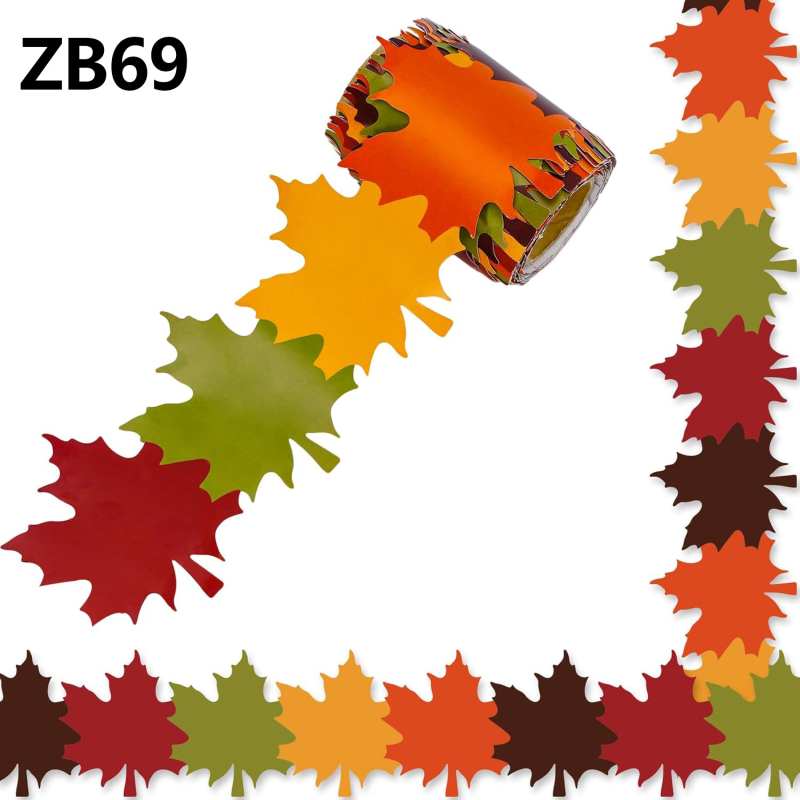 Border pentru tabloul de afișaj cu formă de frunză de arțar – bandă decupată pentru decor în clasă și birou (Cod produs: ZB69; Forma: Neregulară; Material: Etichetă din hârtie acoperită; Lungime: 3.1 ft; Utilizare: Sigilarea coletelor)