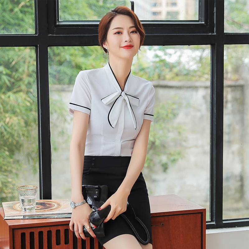 Женска риза за фронт деск на хотел и KTV, шифон, 95% полиестер + спандекс до 30%, ръкав 3/4, средна дължина, пролет 2023