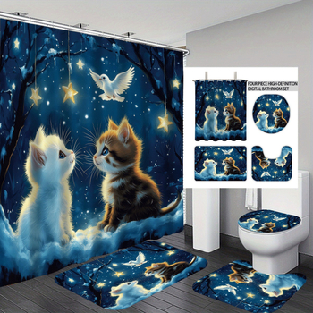 Σετ κουρτινών ντους 4 τεμαχίων με εκτύπωση γάτας, πολυεστέρας, προσαρμοσμένη επεξεργασία, εκτύπωση λογότυπου