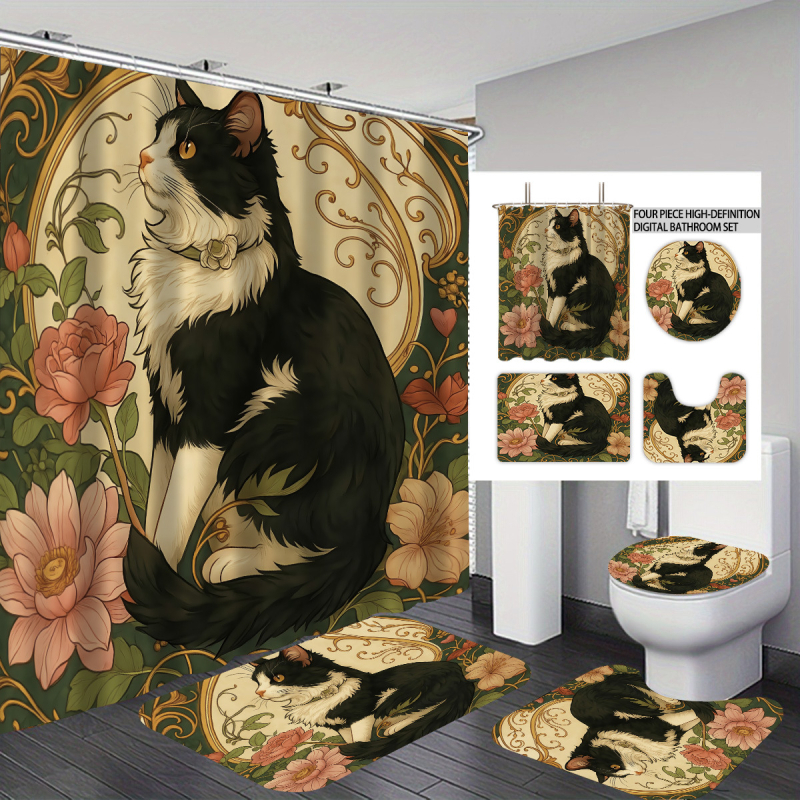 Σετ κουρτινών ντους 4 τεμαχίων με εκτύπωση γάτας, πολυεστέρας, προσαρμοσμένη επεξεργασία, εκτύπωση λογότυπου