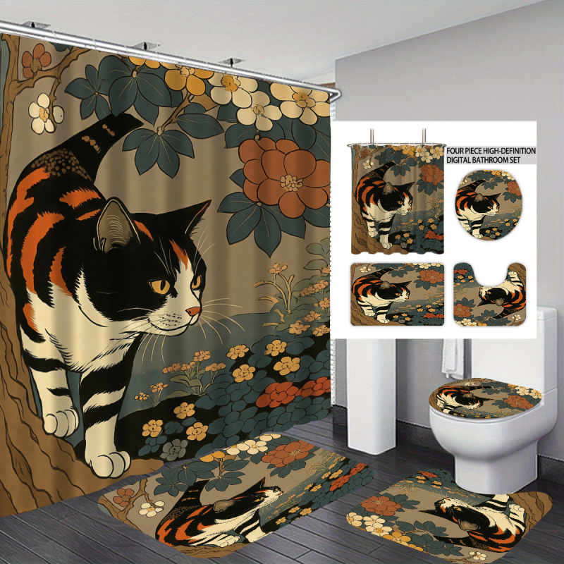 Σετ κουρτινών ντους 4 τεμαχίων με εκτύπωση γάτας, πολυεστέρας, προσαρμοσμένη επεξεργασία, εκτύπωση λογότυπου