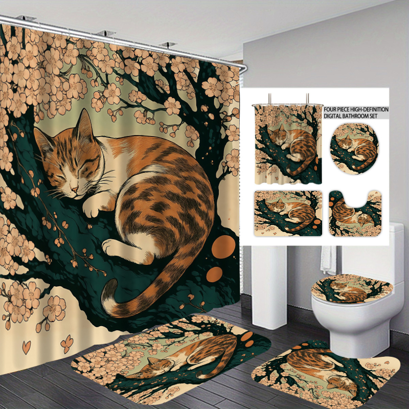 Σετ κουρτινών ντους 4 τεμαχίων με εκτύπωση γάτας, πολυεστέρας, προσαρμοσμένη επεξεργασία, εκτύπωση λογότυπου