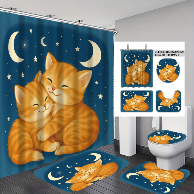 Σετ κουρτινών ντους 4 τεμαχίων με εκτύπωση γάτας, πολυεστέρας, προσαρμοσμένη επεξεργασία, εκτύπωση λογότυπου