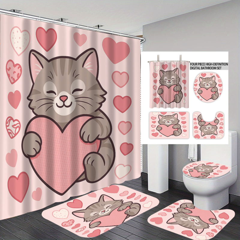 Σετ κουρτινών ντους 4 τεμαχίων με εκτύπωση γάτας, πολυεστέρας, προσαρμοσμένη επεξεργασία, εκτύπωση λογότυπου