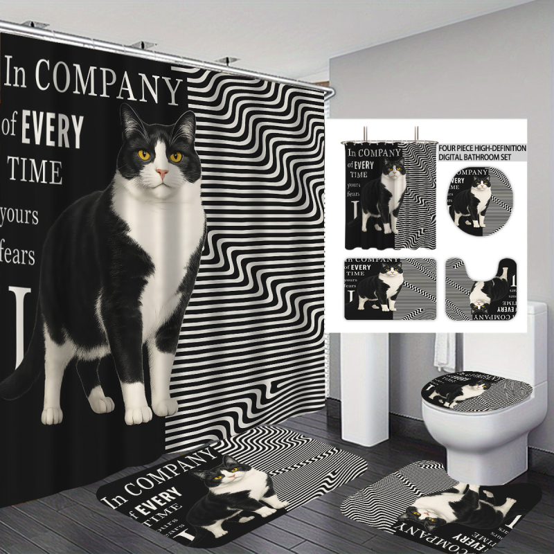 Σετ κουρτινών ντους 4 τεμαχίων με εκτύπωση γάτας, πολυεστέρας, προσαρμοσμένη επεξεργασία, εκτύπωση λογότυπου