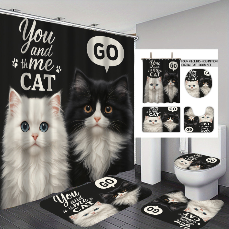 Σετ κουρτινών ντους 4 τεμαχίων με εκτύπωση γάτας, πολυεστέρας, προσαρμοσμένη επεξεργασία, εκτύπωση λογότυπου