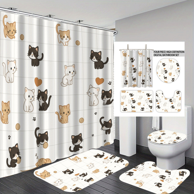 Σετ κουρτινών ντους 4 τεμαχίων με εκτύπωση γάτας, πολυεστέρας, προσαρμοσμένη επεξεργασία, εκτύπωση λογότυπου