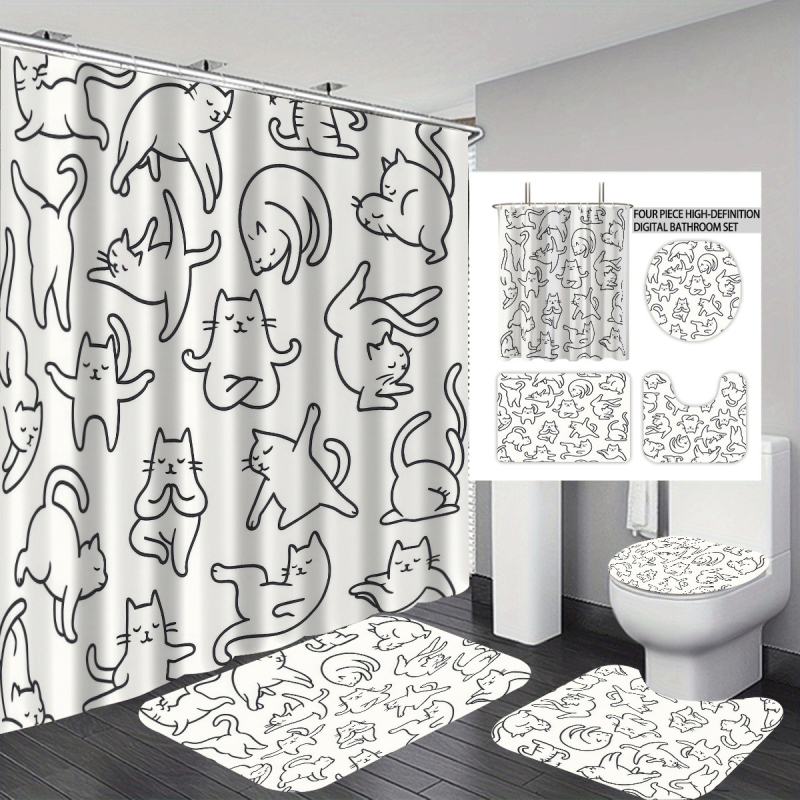 Σετ κουρτινών ντους 4 τεμαχίων με εκτύπωση γάτας, πολυεστέρας, προσαρμοσμένη επεξεργασία, εκτύπωση λογότυπου