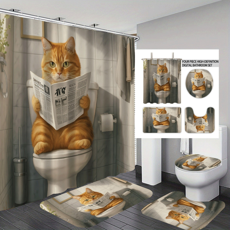 Σετ κουρτινών ντους 4 τεμαχίων με εκτύπωση γάτας, πολυεστέρας, προσαρμοσμένη επεξεργασία, εκτύπωση λογότυπου