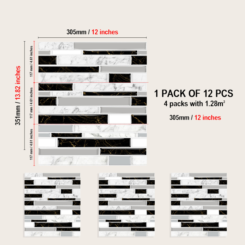 Autocolante pentru pereți din PVC – rezistente la apă și la grăsimi, model în dungi, 12 foi/set, pentru living, bucătărie și baie