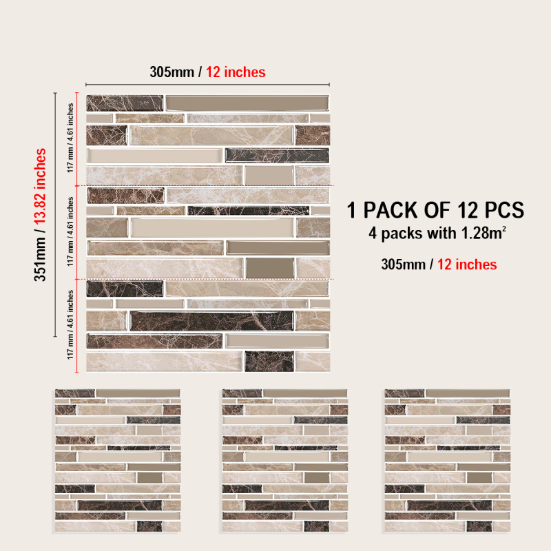 Autocolante pentru pereți din PVC – rezistente la apă și la grăsimi, model în dungi, 12 foi/set, pentru living, bucătărie și baie