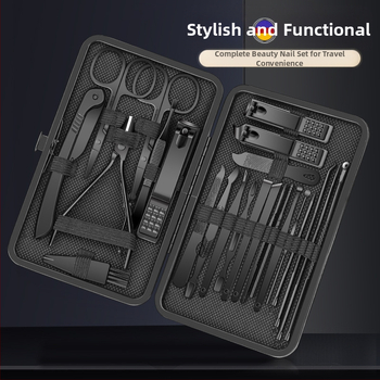 Σετ περιποίησης νυχιών και ποδιών – φορητό οικιακό κιτ 24 τεμάχια. Υλικά: χάλυβας άνθρακα και πλαστικό + ανοξείδωτος χάλυβας. Περιλαμβάνει: κοπτικό νυχιών, μαχαίρι περιποίησης ποδιών, λαβίδες αυλακώσεων νυχιών, πολυλειτουργικές λαβίδες.