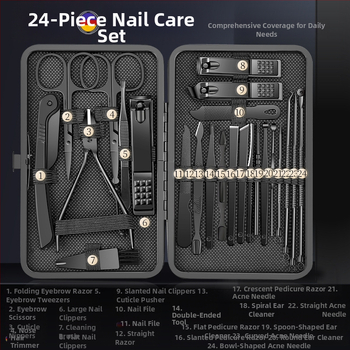 Σετ περιποίησης νυχιών και ποδιών – φορητό οικιακό κιτ 24 τεμάχια. Υλικά: χάλυβας άνθρακα και πλαστικό + ανοξείδωτος χάλυβας. Περιλαμβάνει: κοπτικό νυχιών, μαχαίρι περιποίησης ποδιών, λαβίδες αυλακώσεων νυχιών, πολυλειτουργικές λαβίδες.