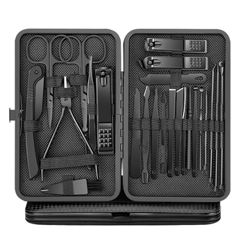 Σετ περιποίησης νυχιών και ποδιών – φορητό οικιακό κιτ 24 τεμάχια. Υλικά: χάλυβας άνθρακα και πλαστικό + ανοξείδωτος χάλυβας. Περιλαμβάνει: κοπτικό νυχιών, μαχαίρι περιποίησης ποδιών, λαβίδες αυλακώσεων νυχιών, πολυλειτουργικές λαβίδες.