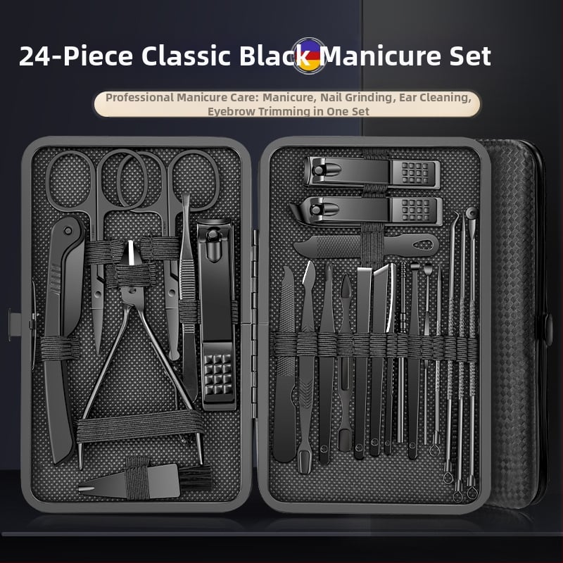 Manikiūro ir pedikiūro rinkinys – nešiojamas namų komplektas, 24 dalys. Medžiagos: anglies plienas ir plastikas + nerūdijantis plienas. Komplekte yra nagų kirpimo žirklės, pedikiūro peilis, nagų įdubų pincetas, daugiafunkcinės pincetės.