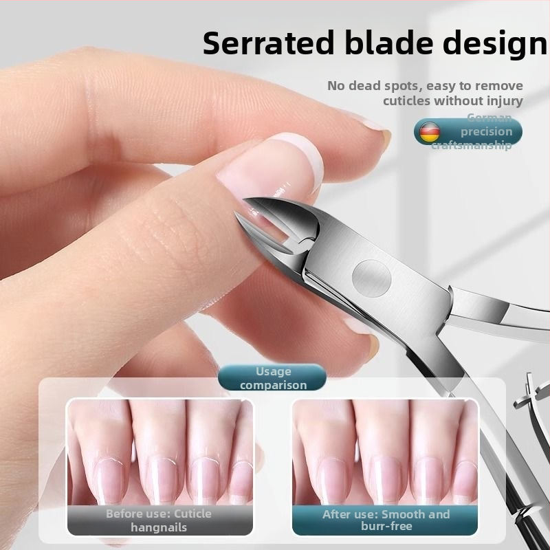 Nerūdijančio plieno nagų priežiūros rinkinys: odelių žirklės, stūmimo įrankis, nano stiklo nagų failas, odelių šaukštelis, gilios formos V nagų žirklės