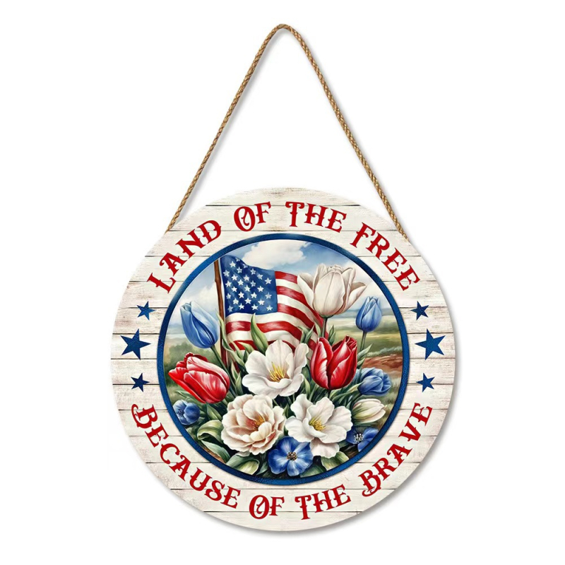 Kerek, fa falidísz, Amerikai Függetlenség Napja zászló motívummal, nappali dekorációhoz és ajtójelzőhöz (faragott, nyomtatott, félig manuális kivitelezés)