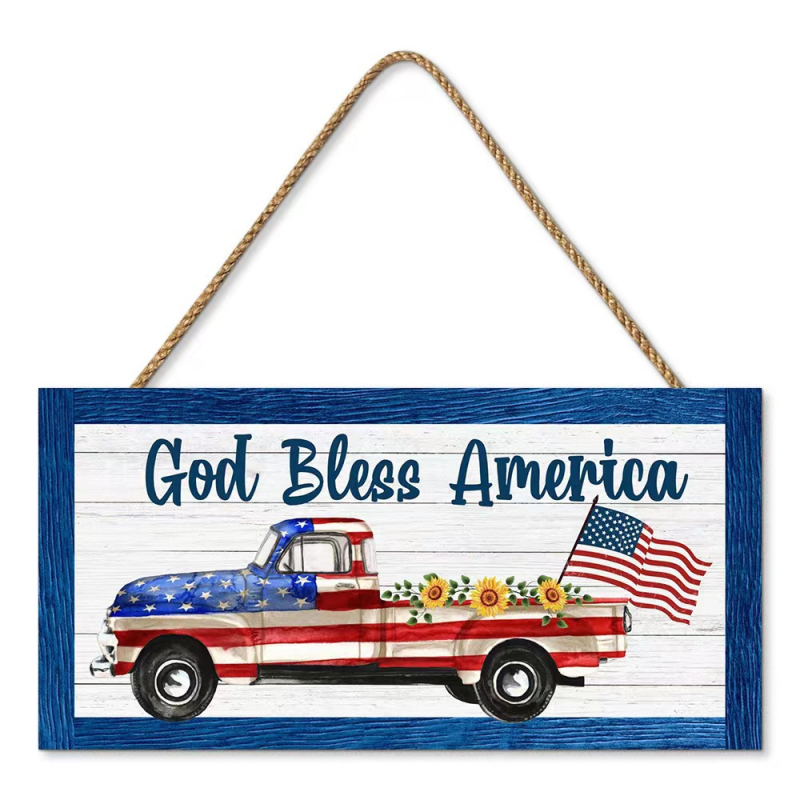 Kerek, fa falidísz, Amerikai Függetlenség Napja zászló motívummal, nappali dekorációhoz és ajtójelzőhöz (faragott, nyomtatott, félig manuális kivitelezés)